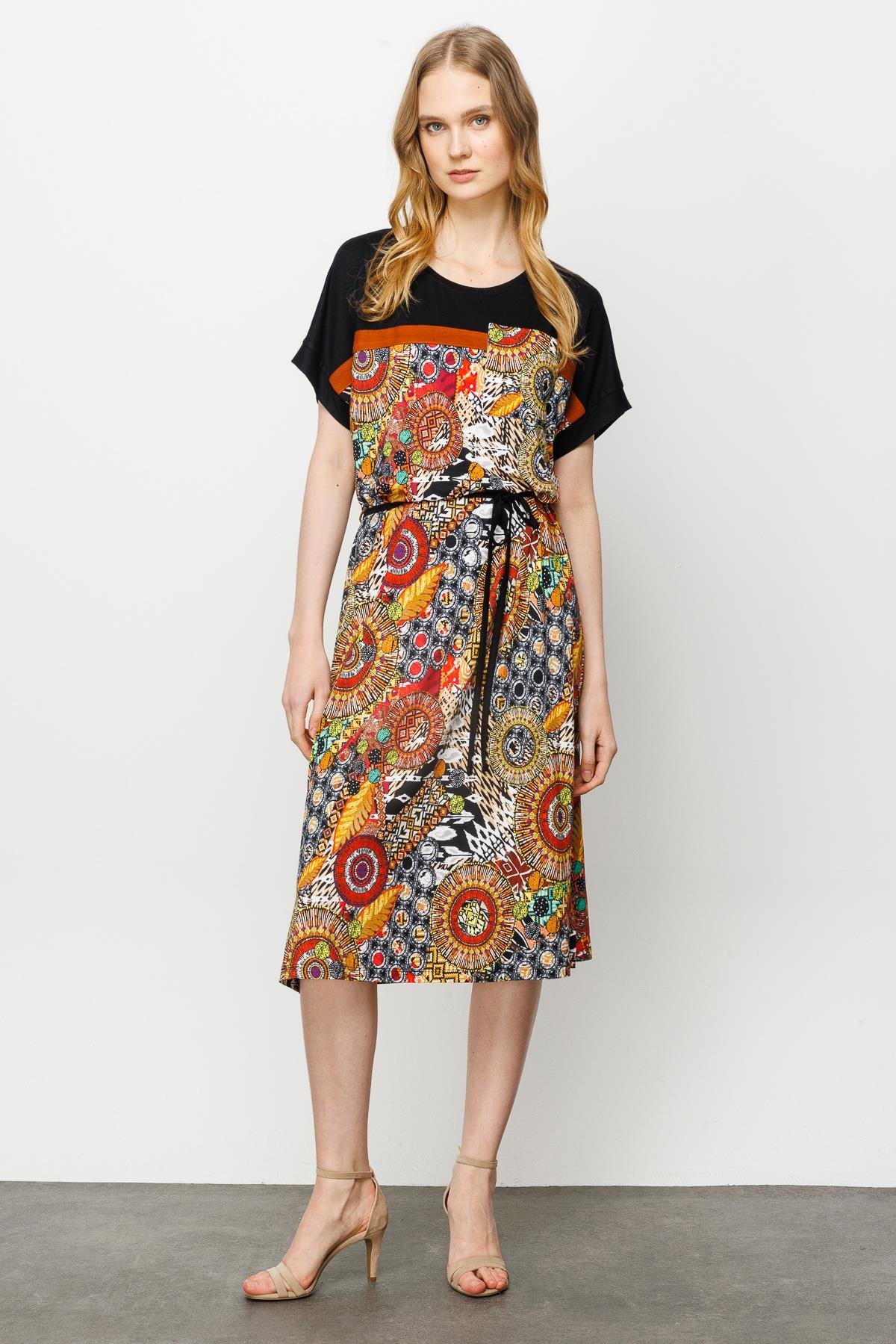 23728Kadın Karışık Desenli Düşük Kol Penye Elbise Siyah