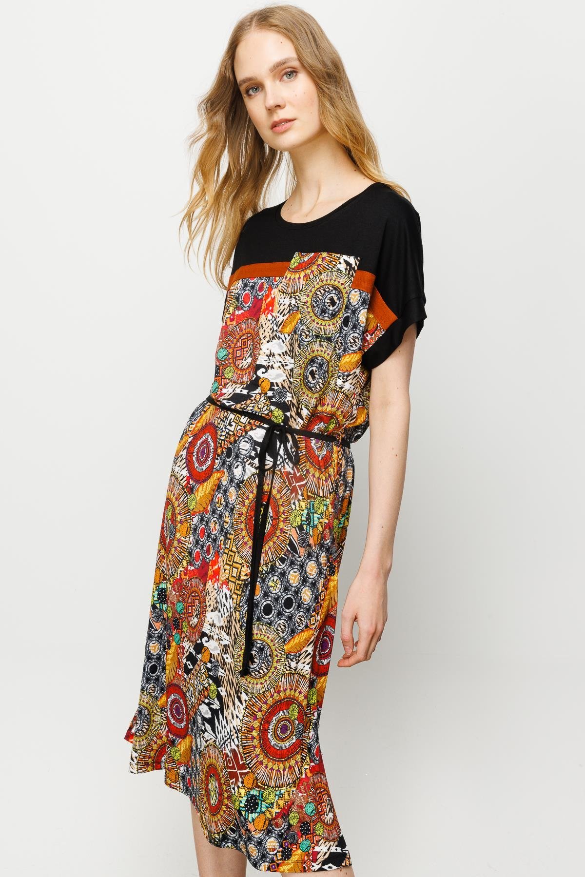 23728Kadın Karışık Desenli Düşük Kol Penye Elbise Siyah