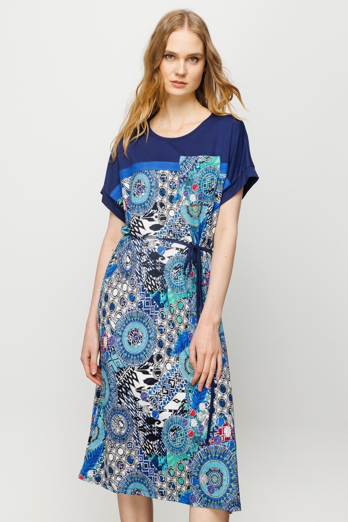 23728Kadın Karışık Desenli Düşük Kol Penye Elbise Lacivert