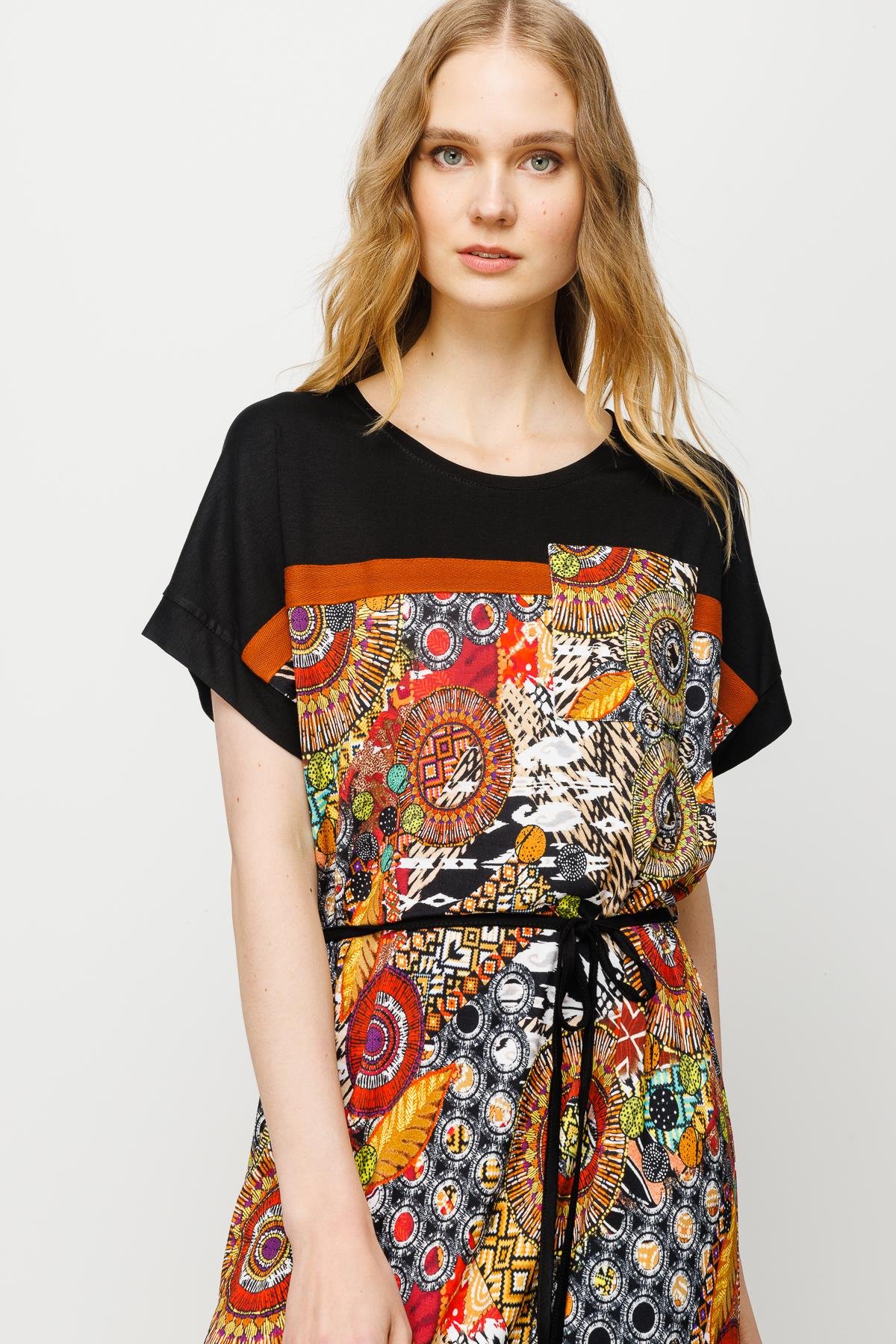 23728Kadın Karışık Desenli Düşük Kol Penye Elbise Siyah