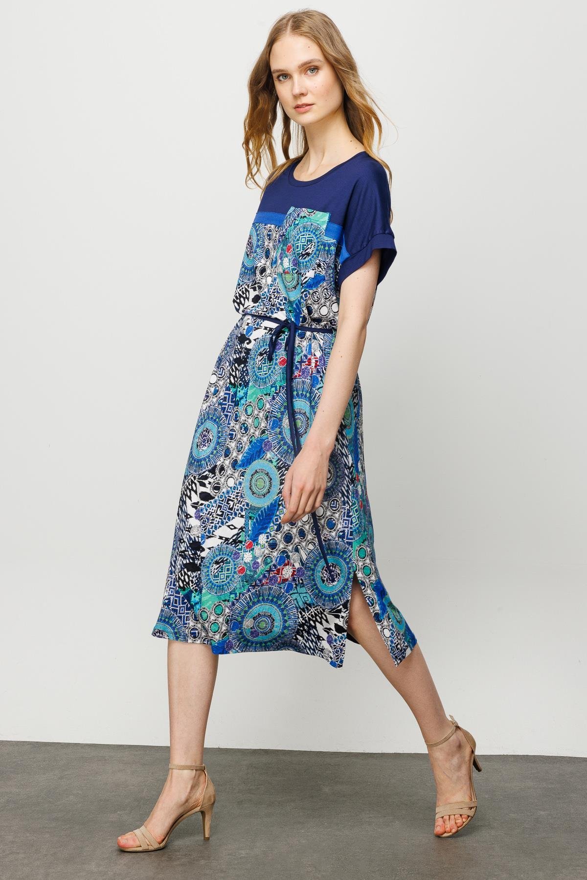 23728Kadın Karışık Desenli Düşük Kol Penye Elbise Lacivert