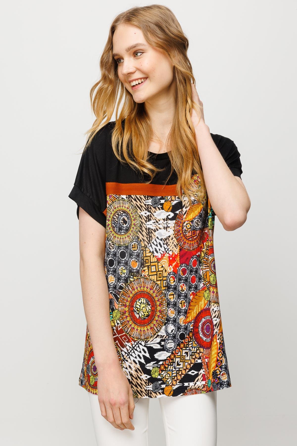 23727Kadın Karışık Desenli Düşük Kollu Penye T-shirt Siyah