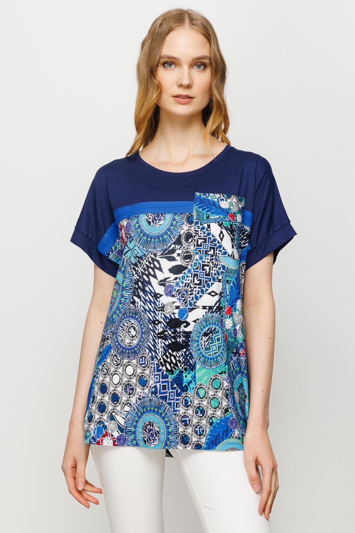 23727Kadın Karışık Desenli Düşük Kollu Penye T-shirt Lacivert