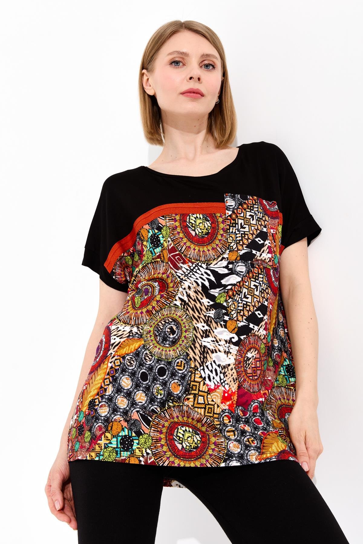 23727Kadın Karışık Desenli Düşük Kollu Penye T-shirt Siyah