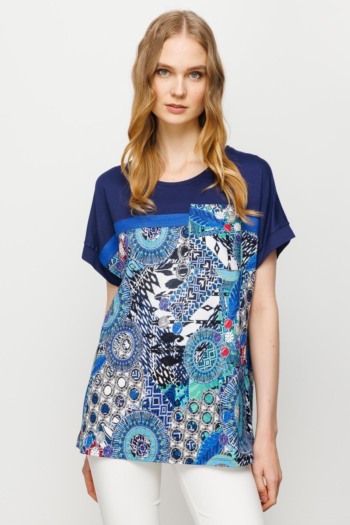 23727Kadın Karışık Desenli Düşük Kollu Penye T-shirt Lacivert
