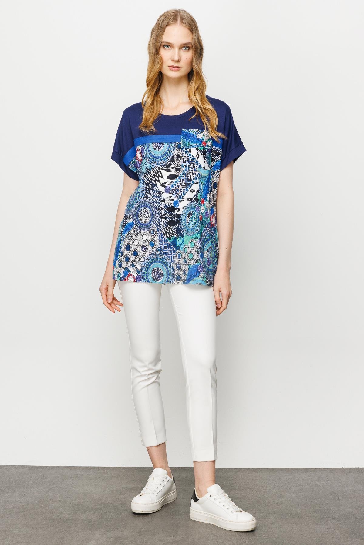 23727Kadın Karışık Desenli Düşük Kollu Penye T-shirt Lacivert