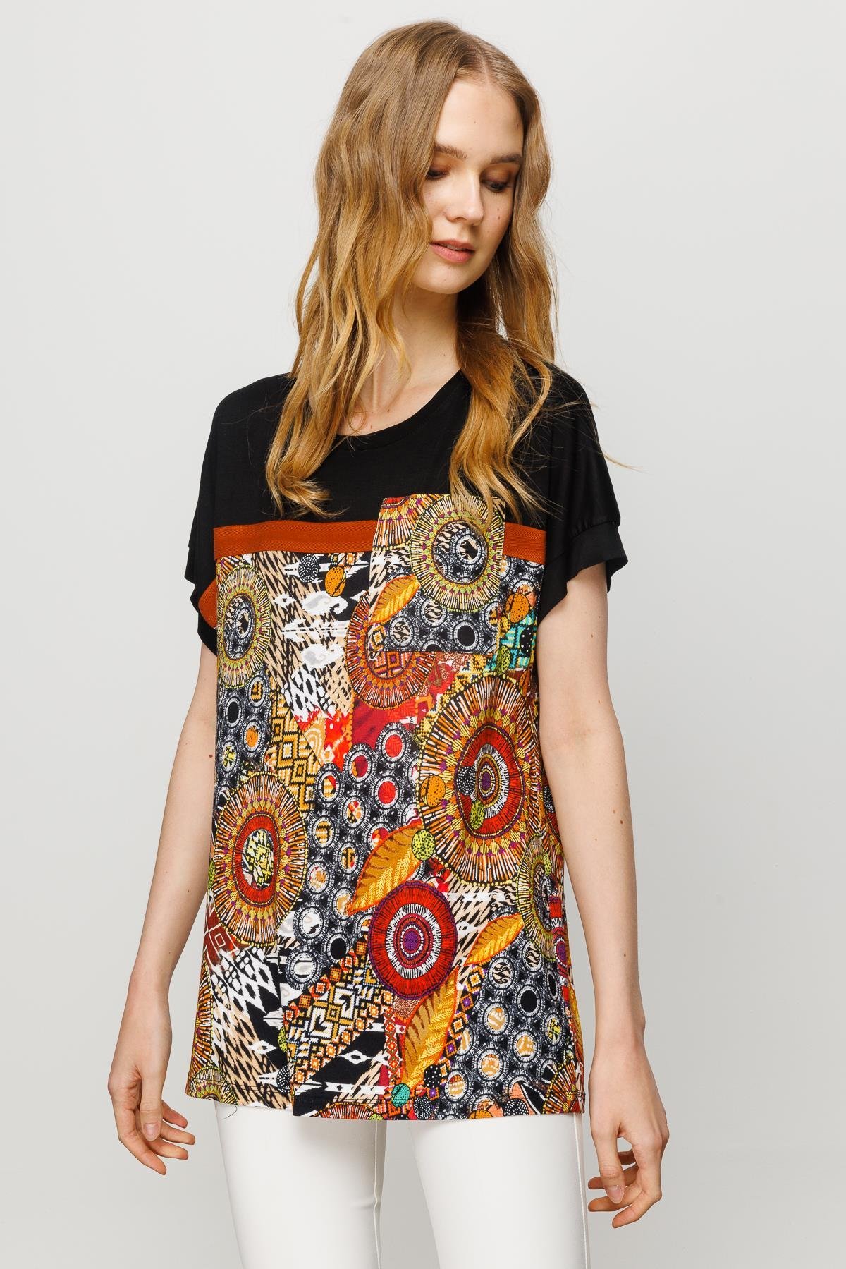 23727Kadın Karışık Desenli Düşük Kollu Penye T-shirt Siyah