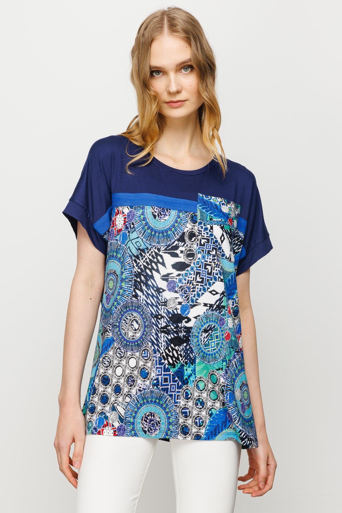 23727Kadın Karışık Desenli Düşük Kollu Penye T-shirt Lacivert