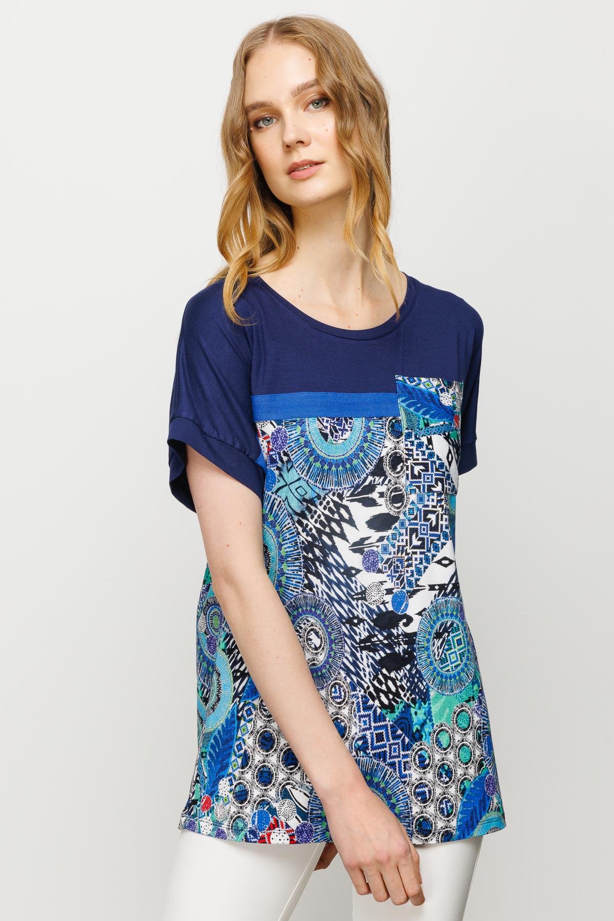 23727Kadın Karışık Desenli Düşük Kollu Penye T-shirt Lacivert