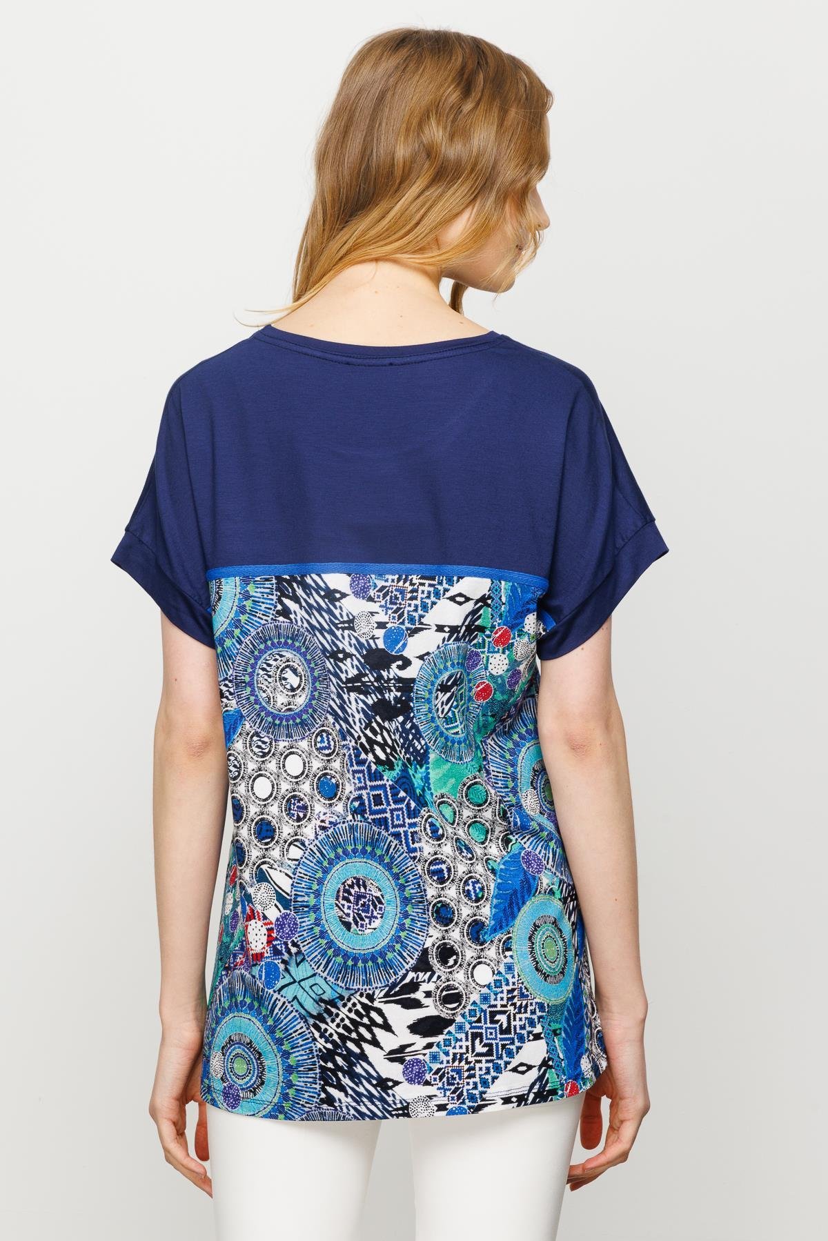 23727Kadın Karışık Desenli Düşük Kollu Penye T-shirt Lacivert