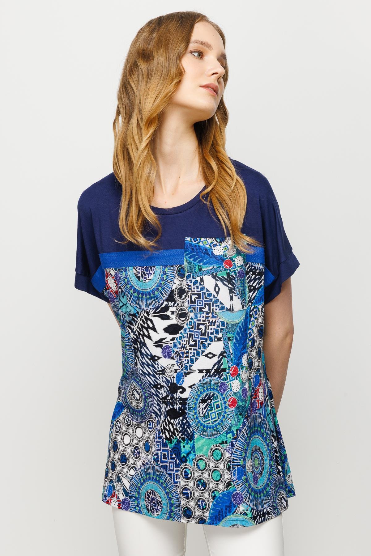 23727Kadın Karışık Desenli Düşük Kollu Penye T-shirt Lacivert