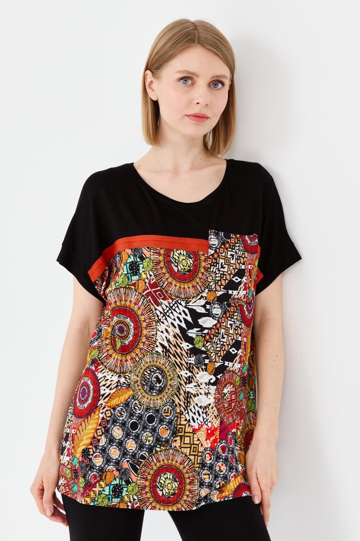 23727Kadın Karışık Desenli Düşük Kollu Penye T-shirt Siyah