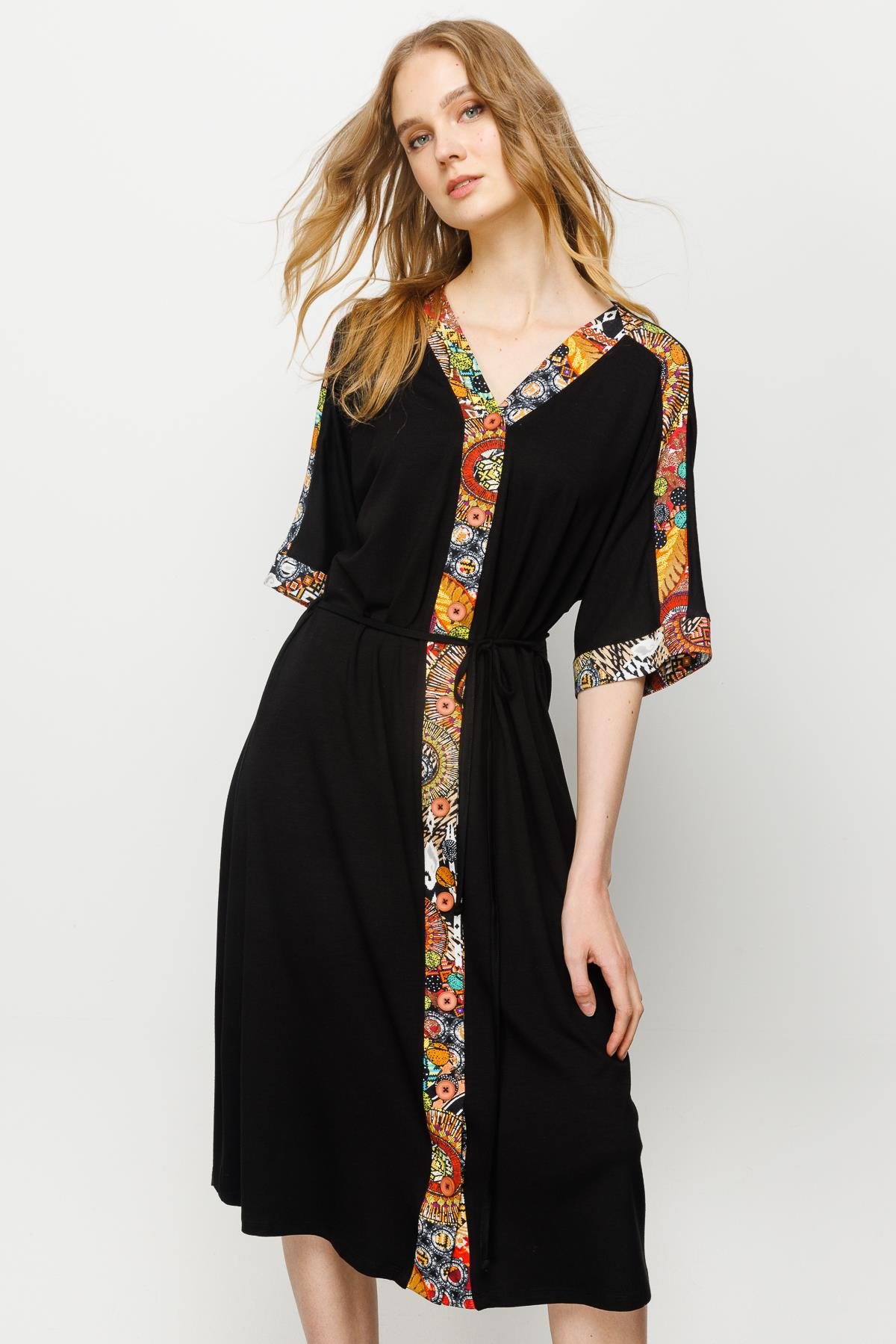 23729Kadın Karışık Desenli Önü Düğmeli Penye Elbise Siyah