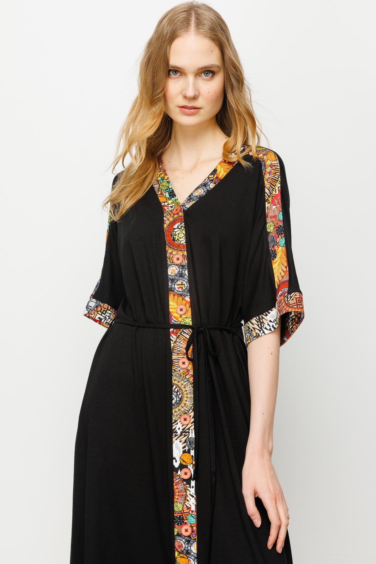 23729Kadın Karışık Desenli Önü Düğmeli Penye Elbise Siyah