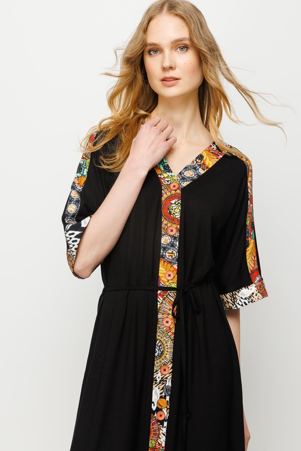 23729Kadın Karışık Desenli Önü Düğmeli Penye Elbise Siyah