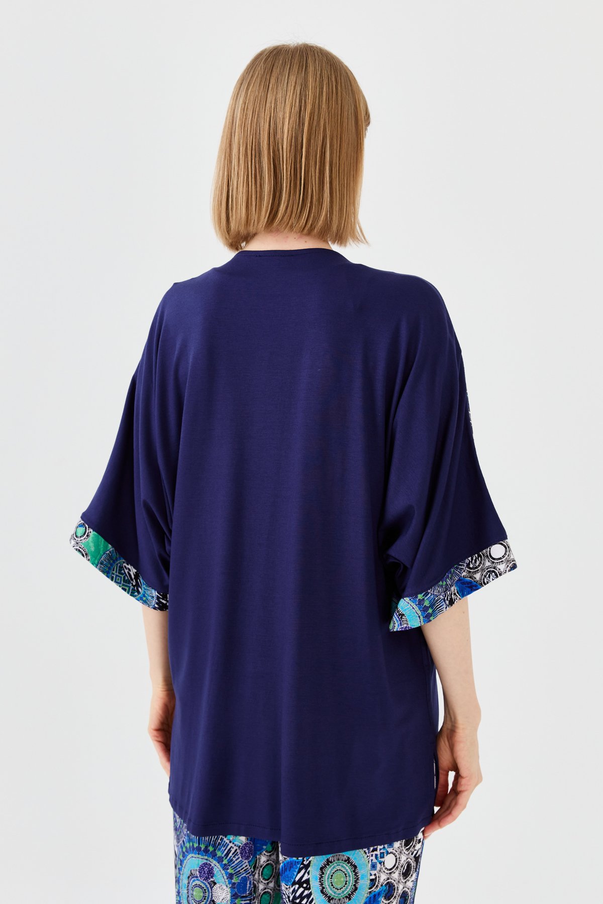 23726Kadın Karışık Desenli Yarasa Kol Penye Ceket Lacivert