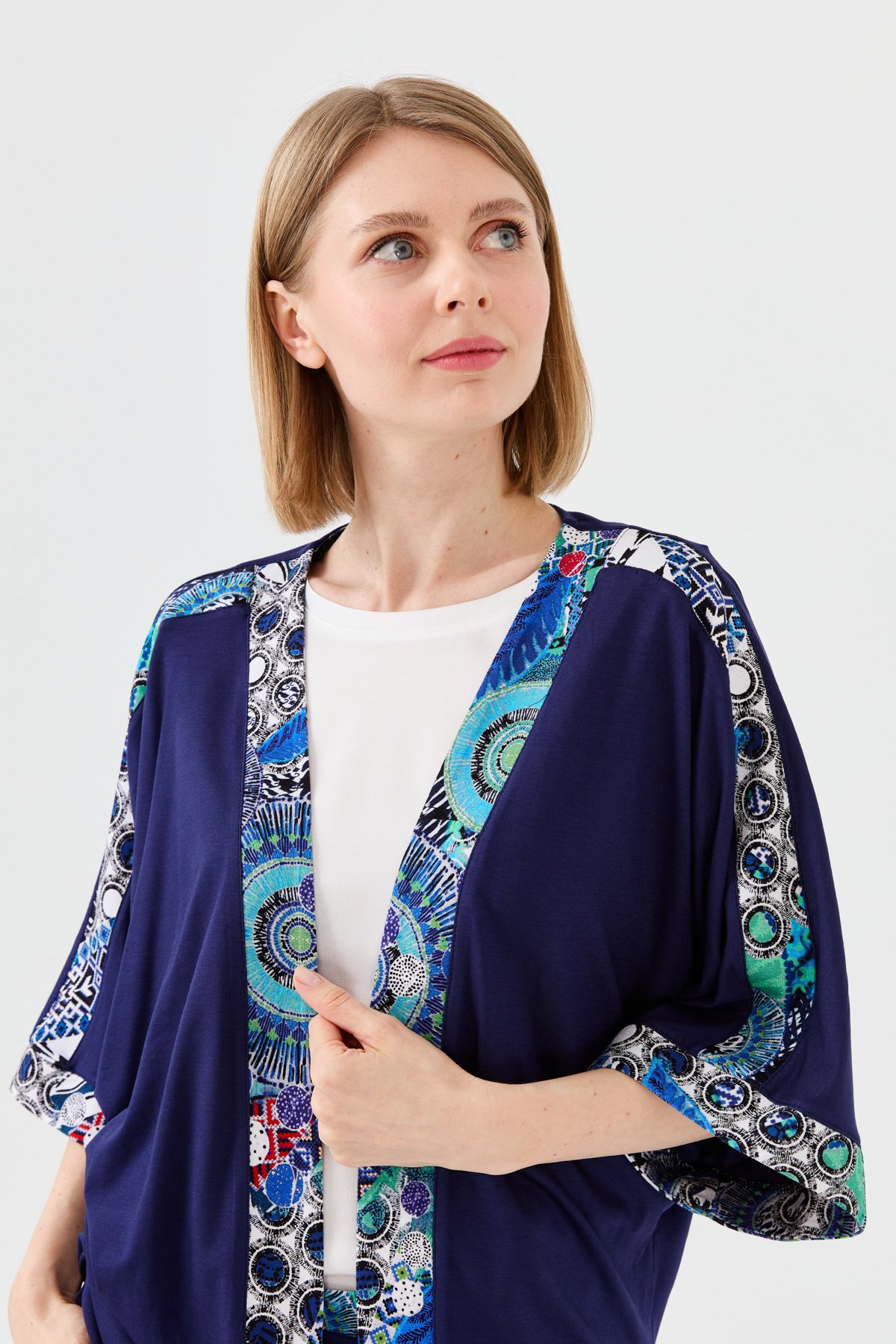 23726Kadın Karışık Desenli Yarasa Kol Penye Ceket Lacivert