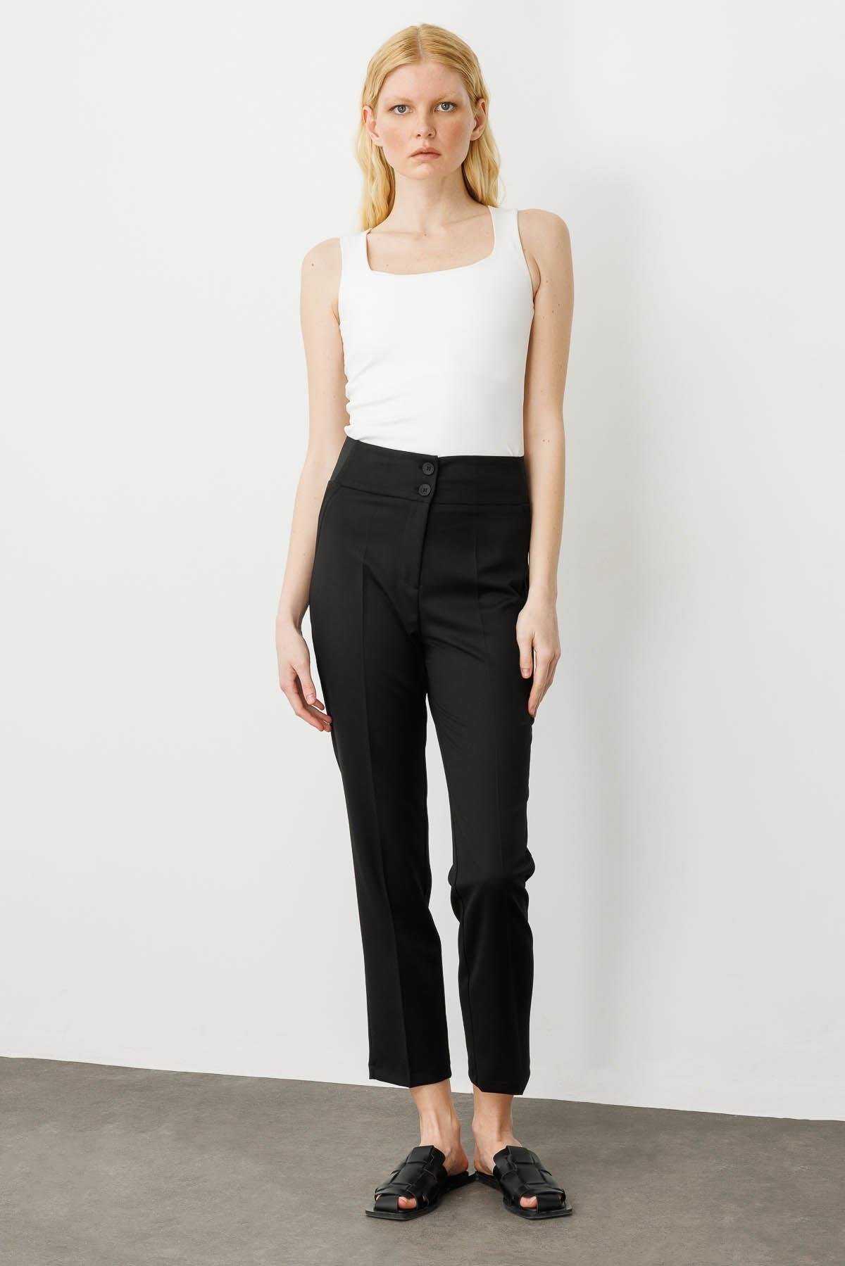 25902Kadın Kemer Yanı Lastikli Bilek Boy Yazlık Kumaş Pantolon Siyah