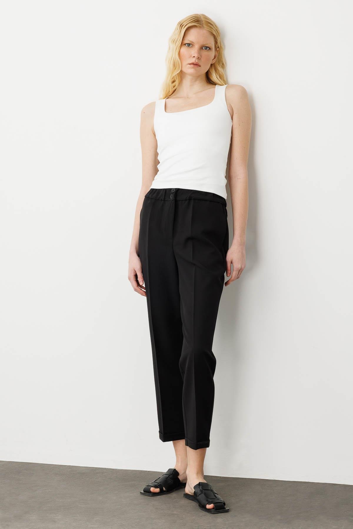 25901Kadın Kemeri Lastikli Yazlık Kumaş Pantolon Siyah