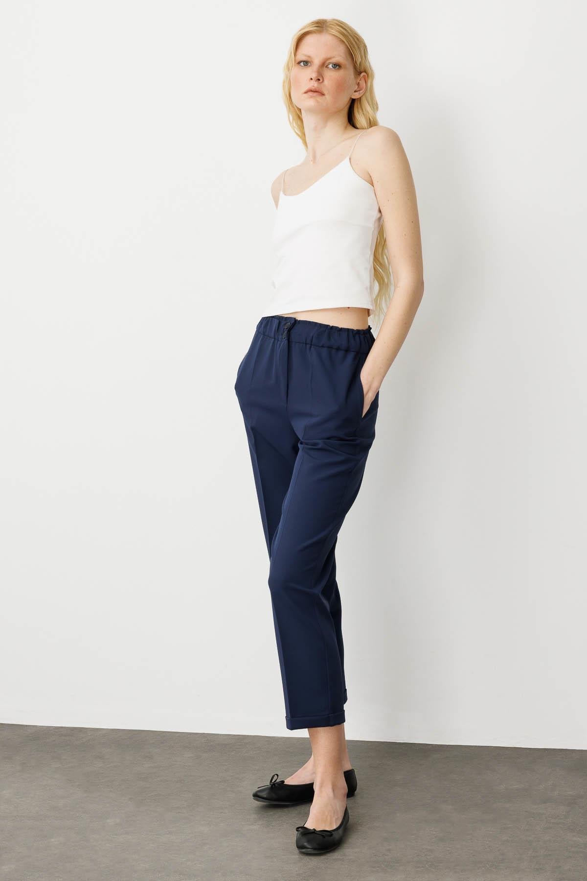 25901Kadın Kemeri Lastikli Yazlık Kumaş Pantolon Lacivert