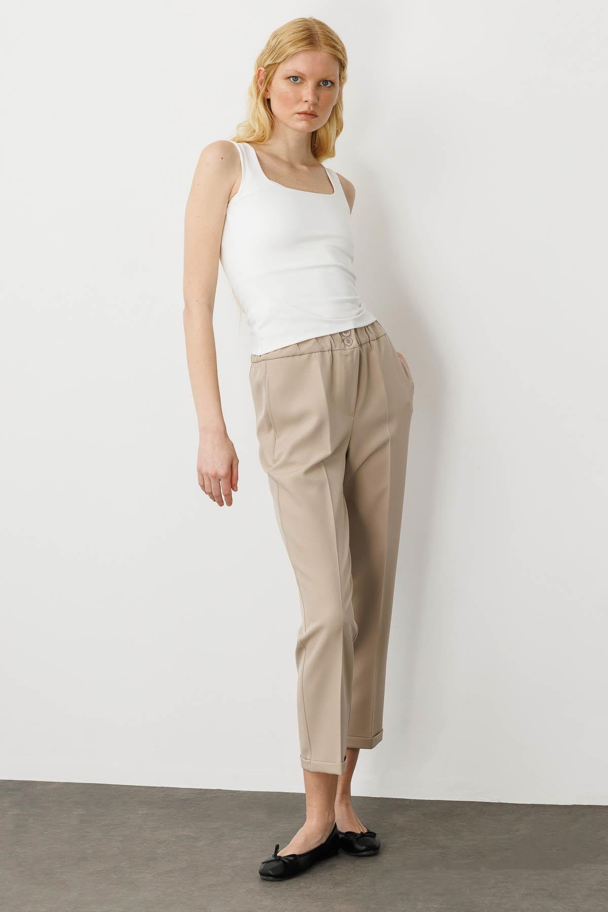 25901Kadın Kemeri Lastikli Yazlık Kumaş Pantolon Bej