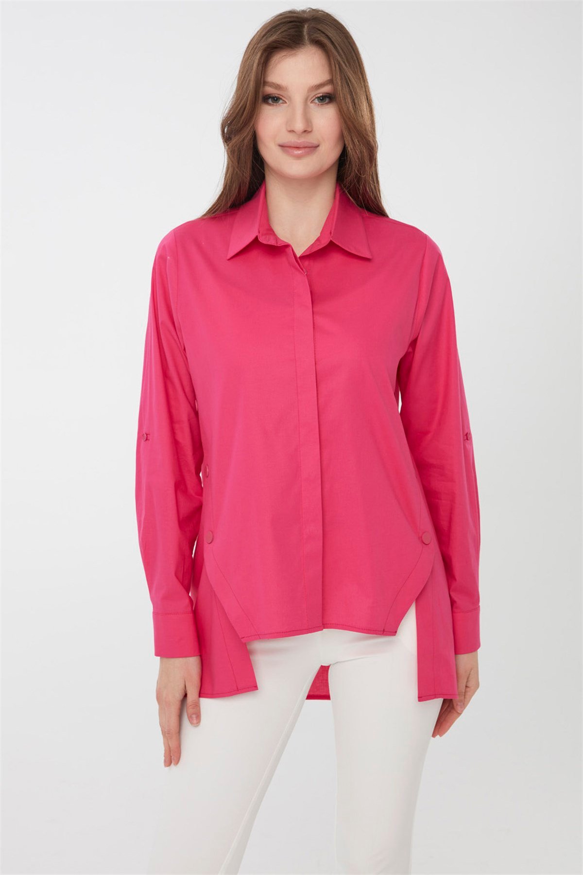 22808Kadın Kenarları Düğmeli Koton Gömlek Fuşya