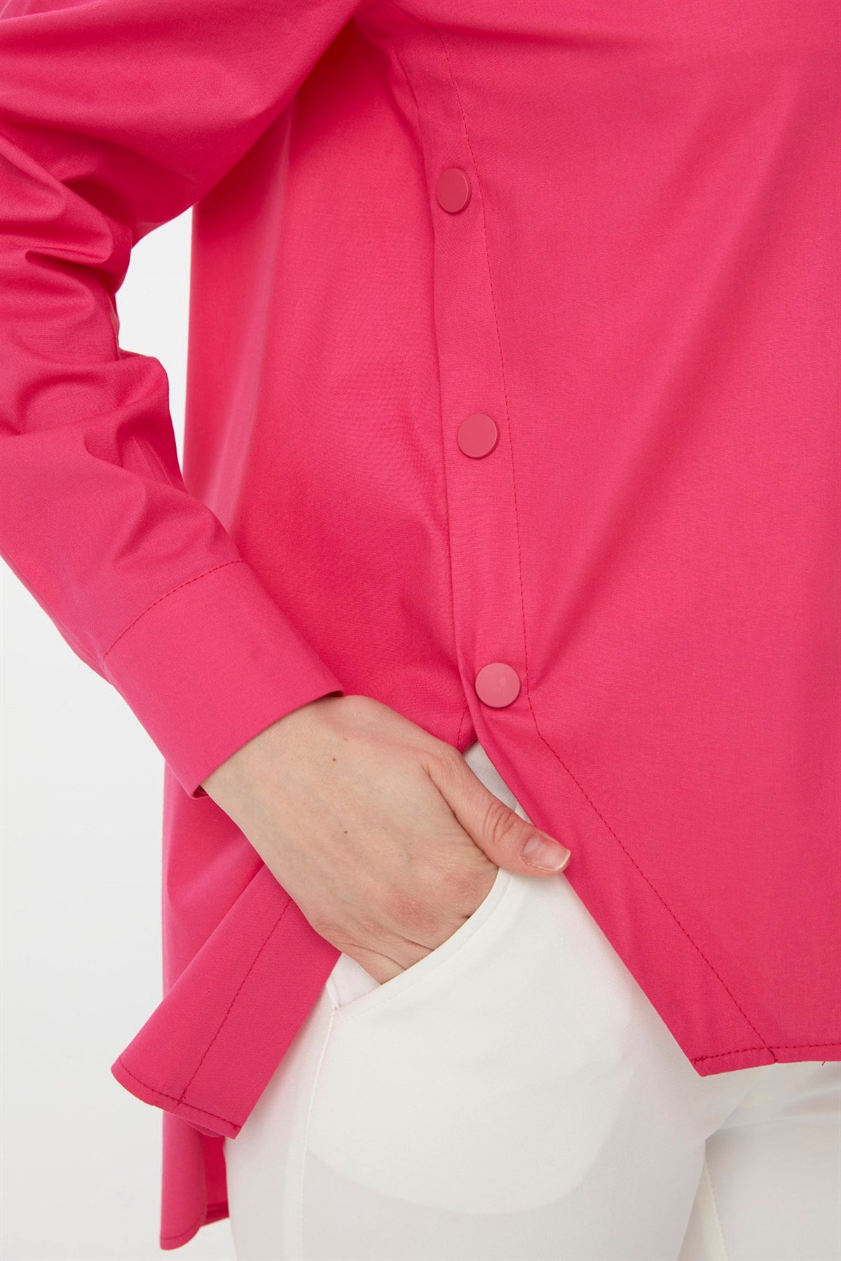 22808Kadın Kenarları Düğmeli Koton Gömlek Fuşya