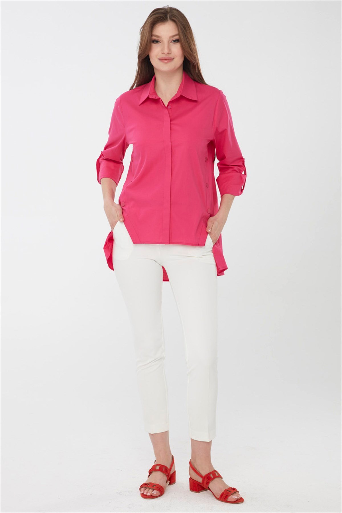 22808Kadın Kenarları Düğmeli Koton Gömlek Fuşya