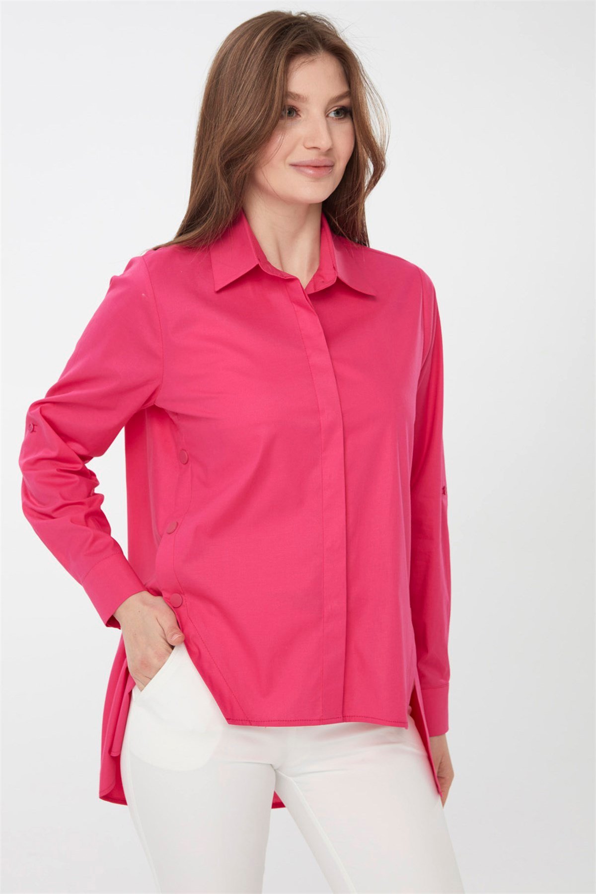 22808Kadın Kenarları Düğmeli Koton Gömlek Fuşya
