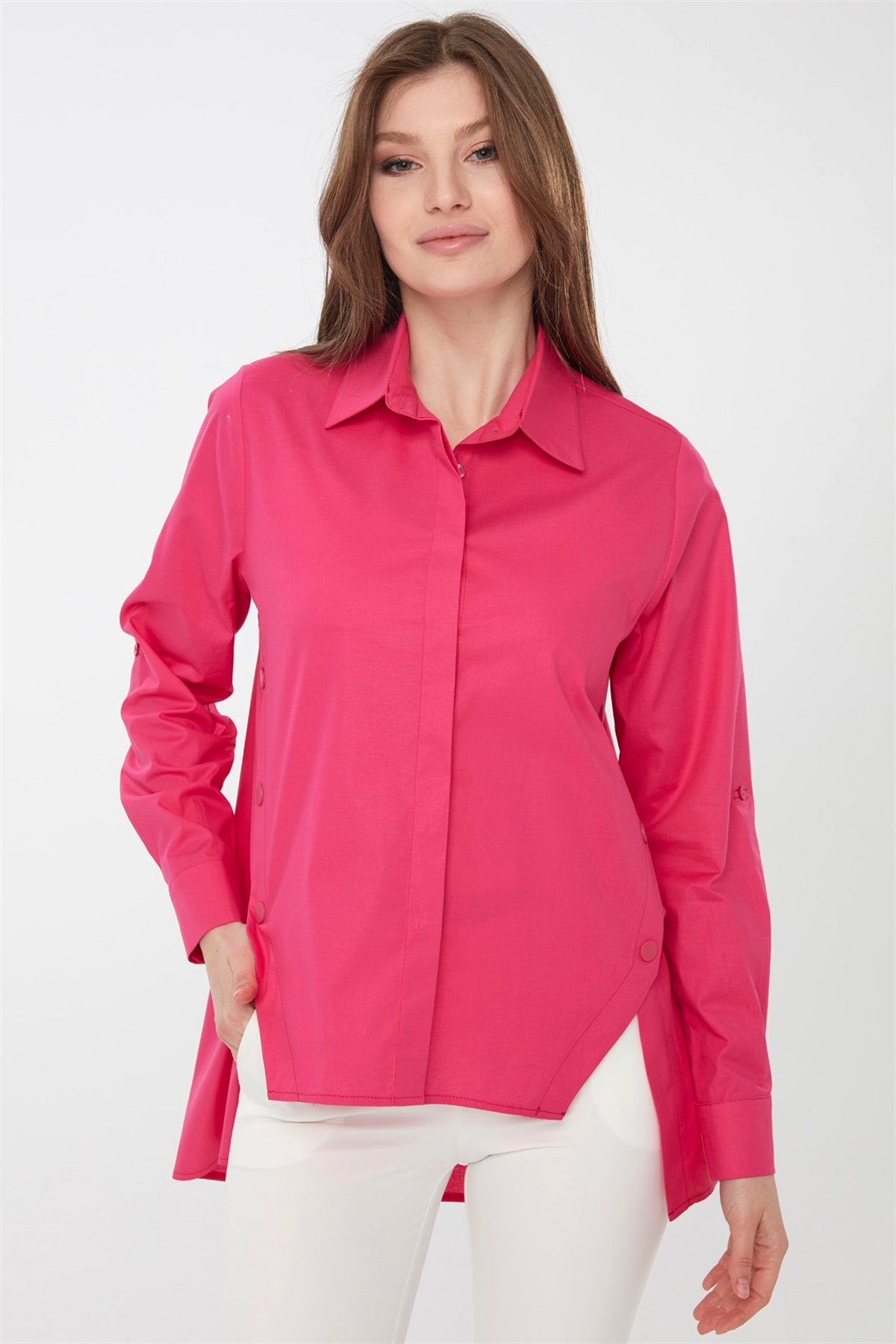 22808Kadın Kenarları Düğmeli Koton Gömlek Fuşya