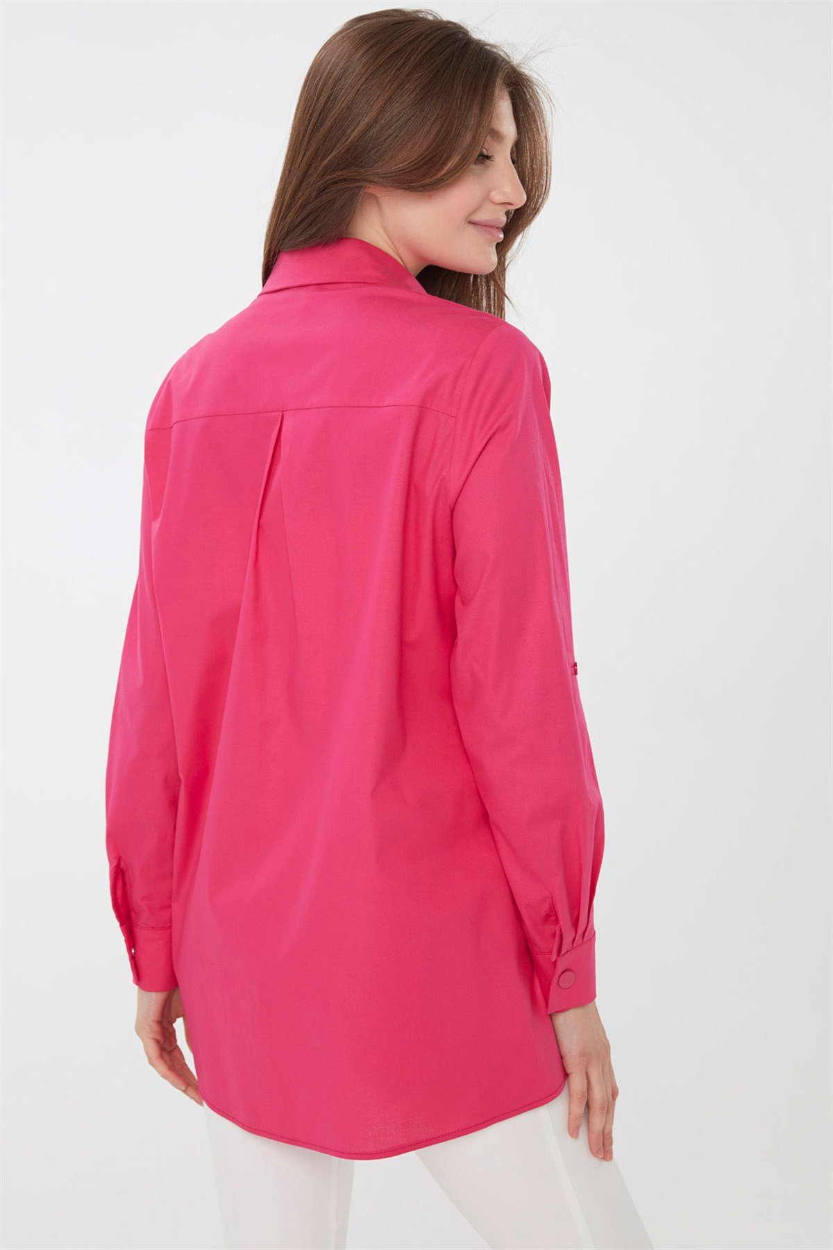 22808Kadın Kenarları Düğmeli Koton Gömlek Fuşya