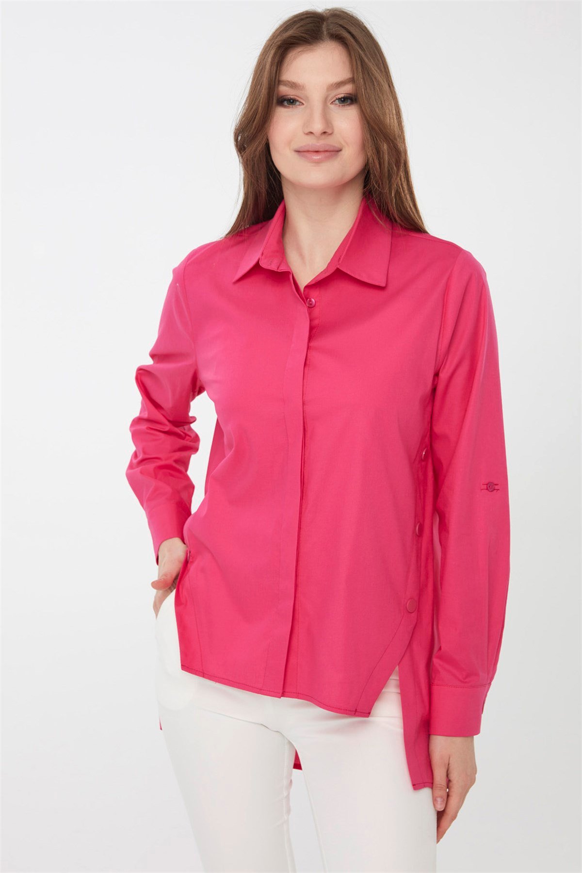 22808Kadın Kenarları Düğmeli Koton Gömlek Fuşya