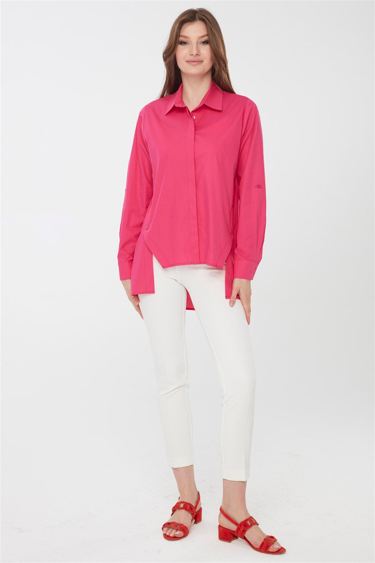 22808Kadın Kenarları Düğmeli Koton Gömlek Fuşya