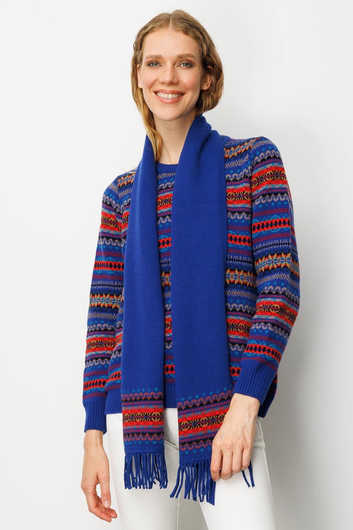 25075Kadın Kenarları Jakarlı Püsküllü Yün Kaşkol K.S.Mavi