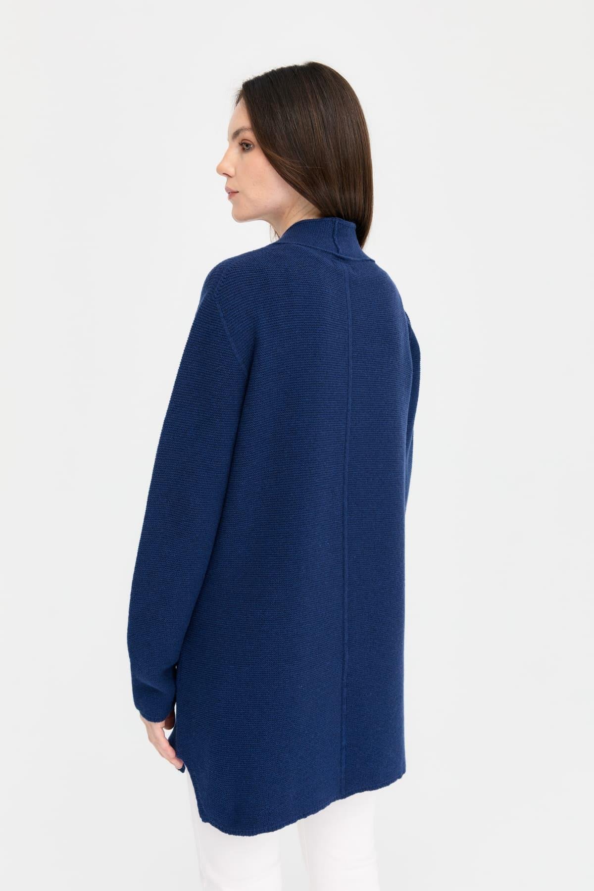 22095Kadın Kendinden Bantlı Yırtmaçlı Önü Açık Hırka İndigo