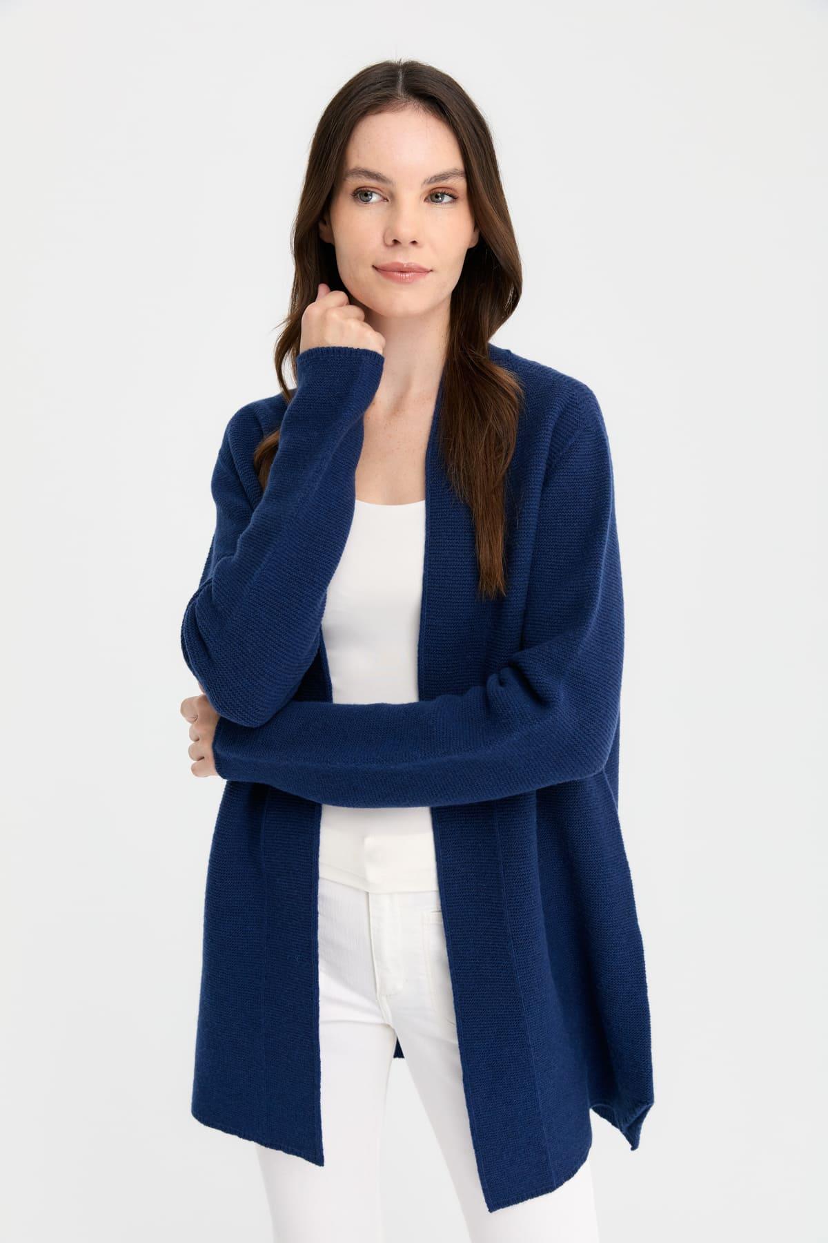 22095Kadın Kendinden Bantlı Yırtmaçlı Önü Açık Hırka İndigo