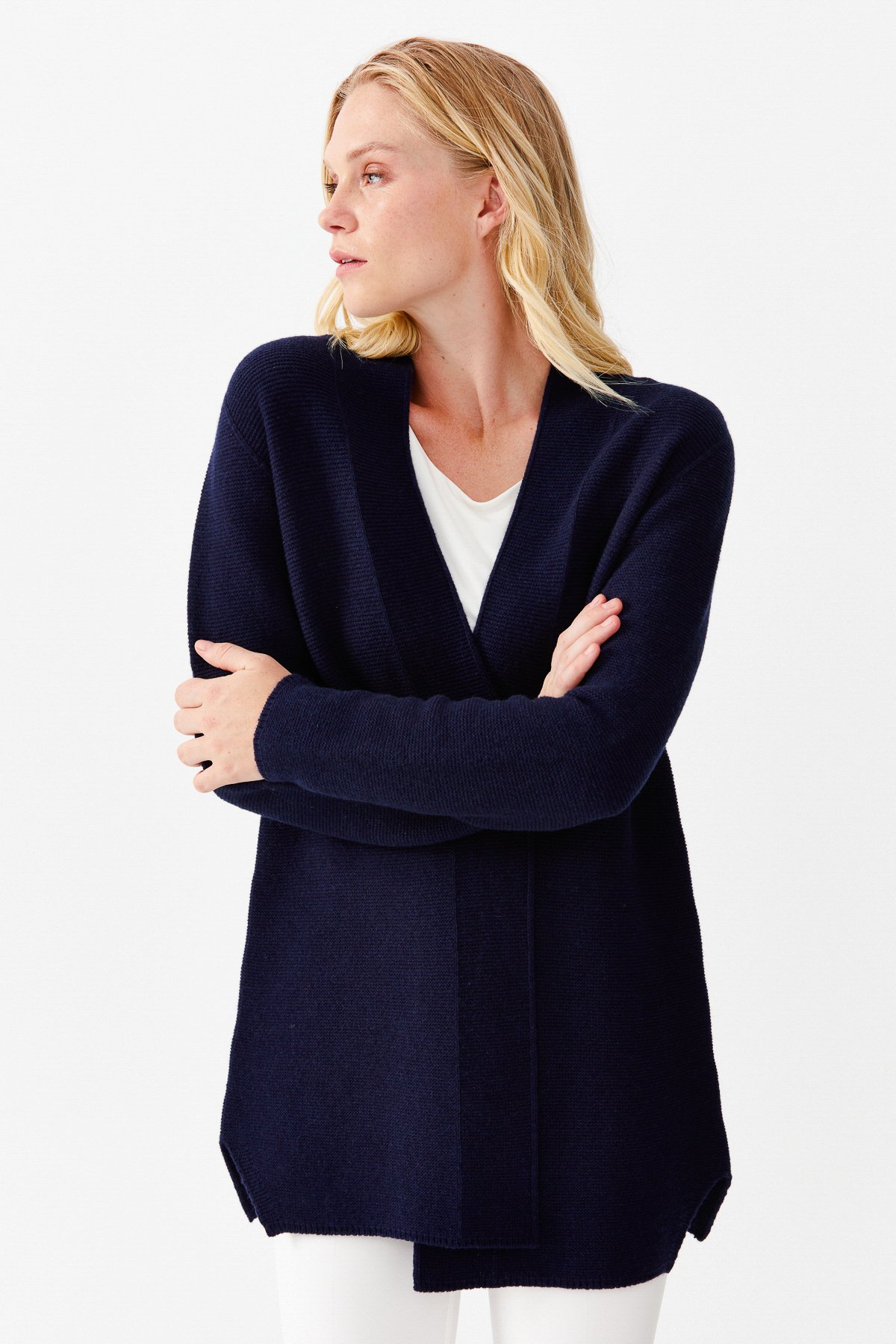 22095Женский жакет нараспашку с разрезом, синий