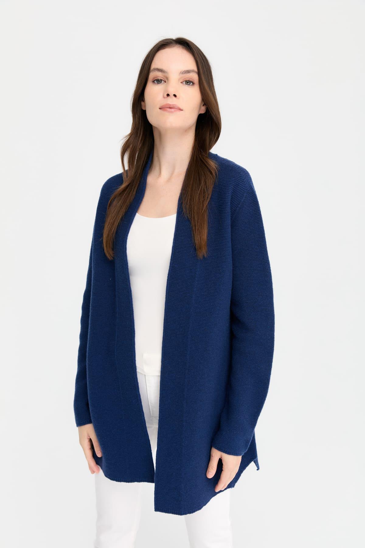 22095Kadın Kendinden Bantlı Yırtmaçlı Önü Açık Hırka İndigo