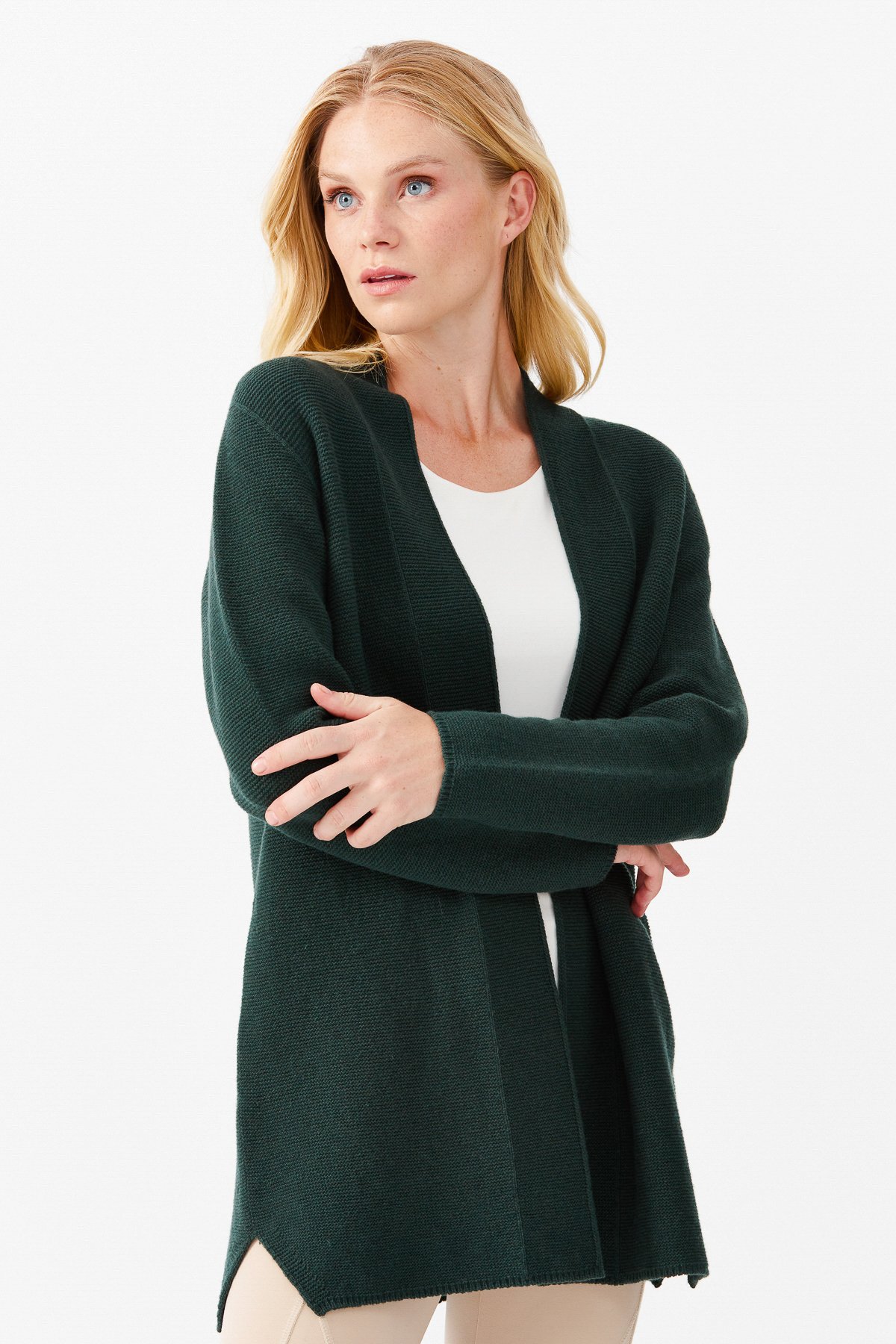 22095Женский жакет нараспашку с разрезом, зеленый