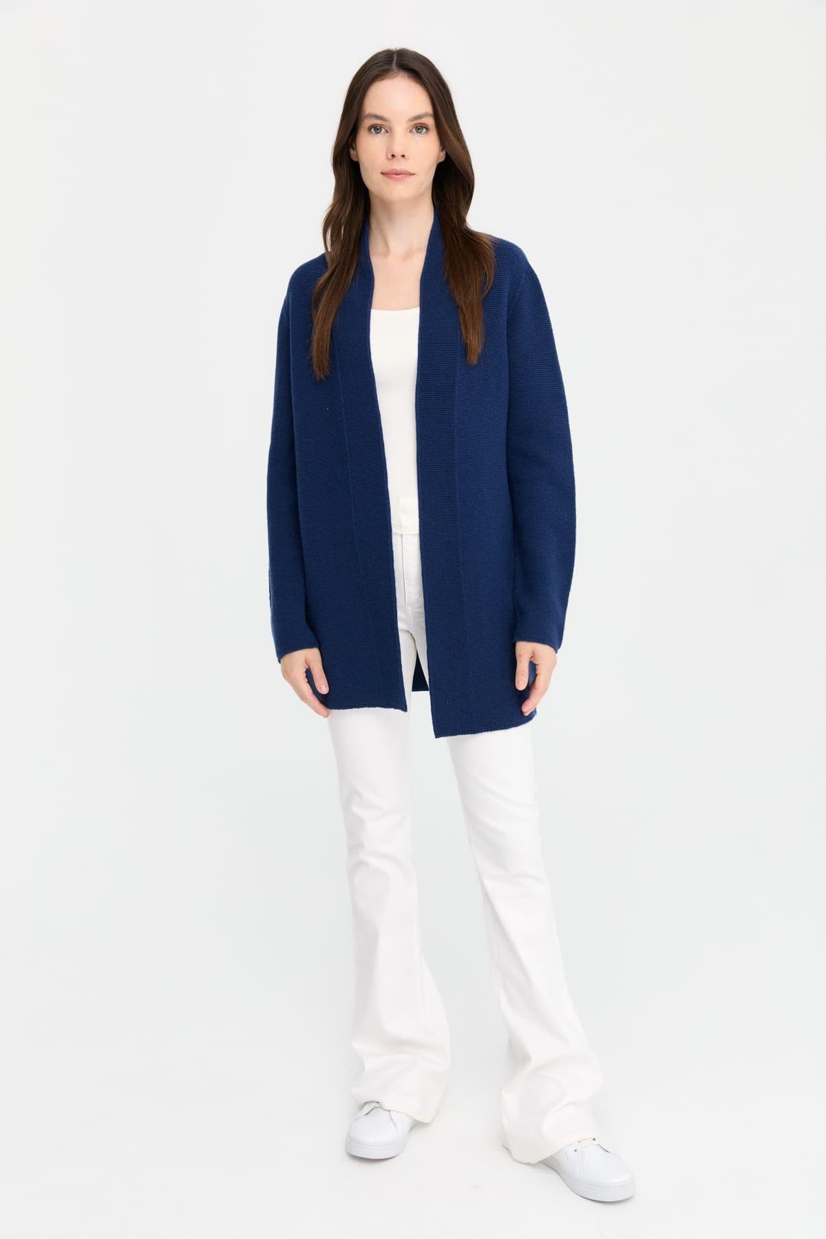 22095Kadın Kendinden Bantlı Yırtmaçlı Önü Açık Hırka İndigo