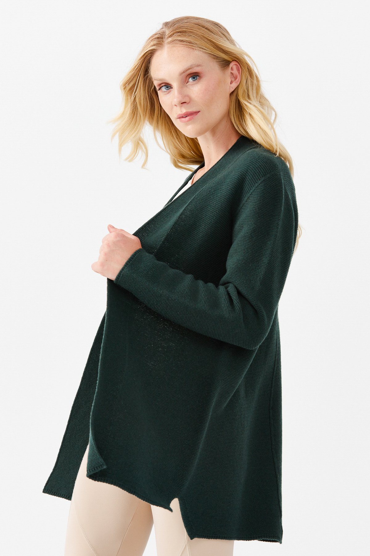 22095Женский жакет нараспашку с разрезом, зеленый