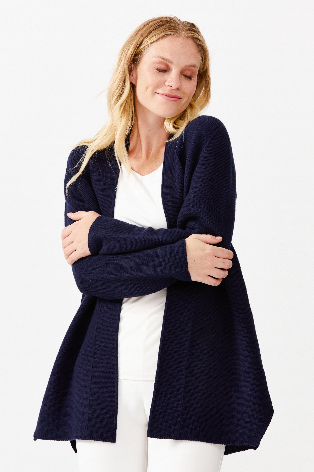 22095Женский жакет нараспашку с разрезом, синий