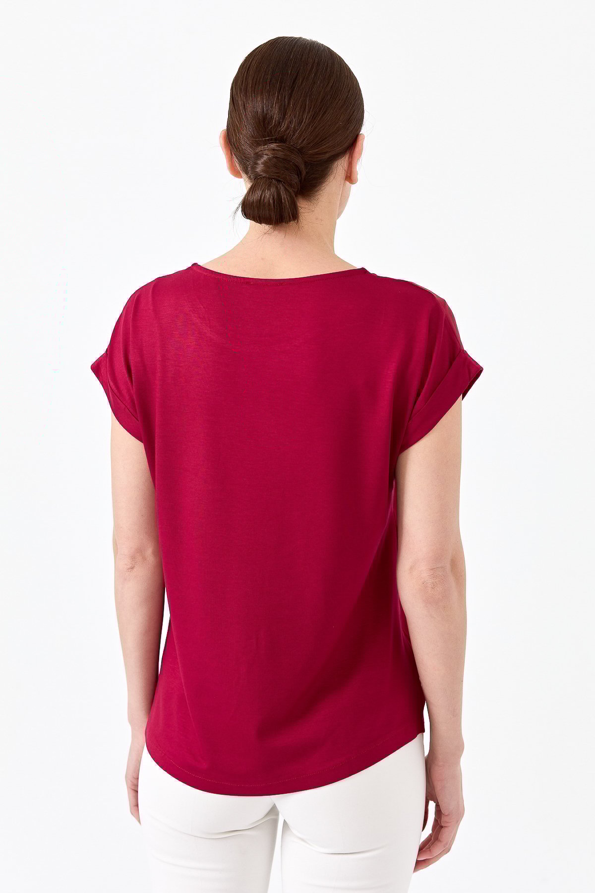 22707Kadın Kısa Kol Önü Saten Bluz Bordo