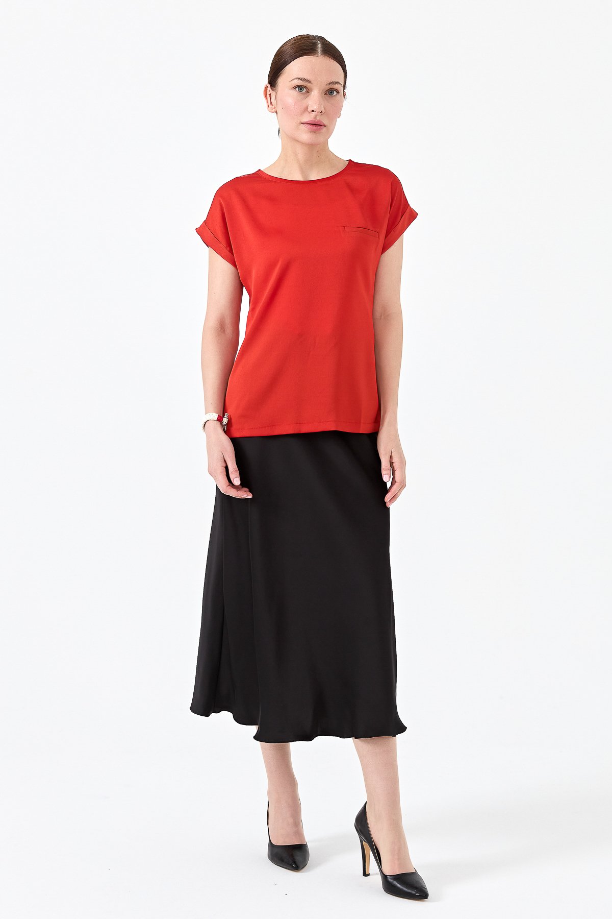 22707Kadın Kısa Kol Önü Saten Bluz Oranj