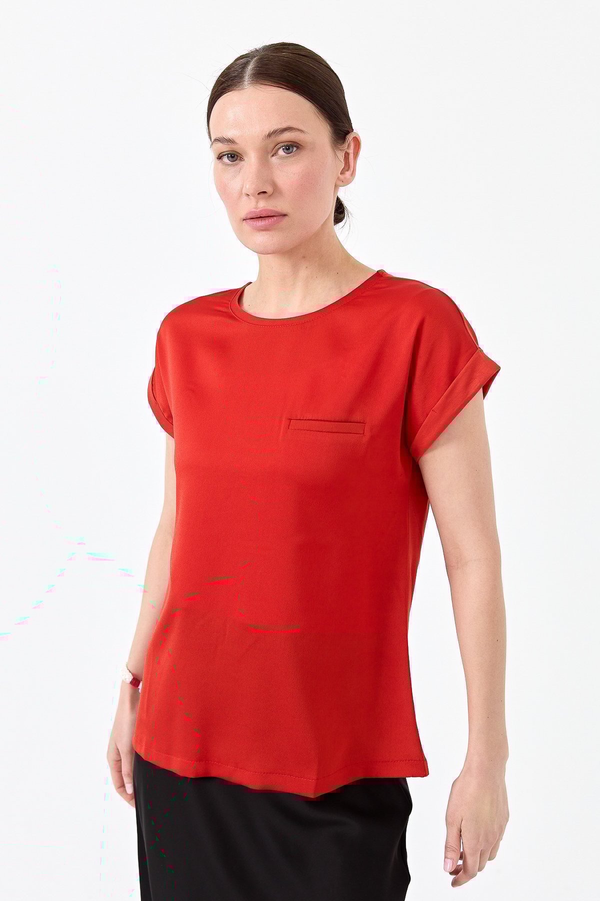 22707Kadın Kısa Kol Önü Saten Bluz Oranj