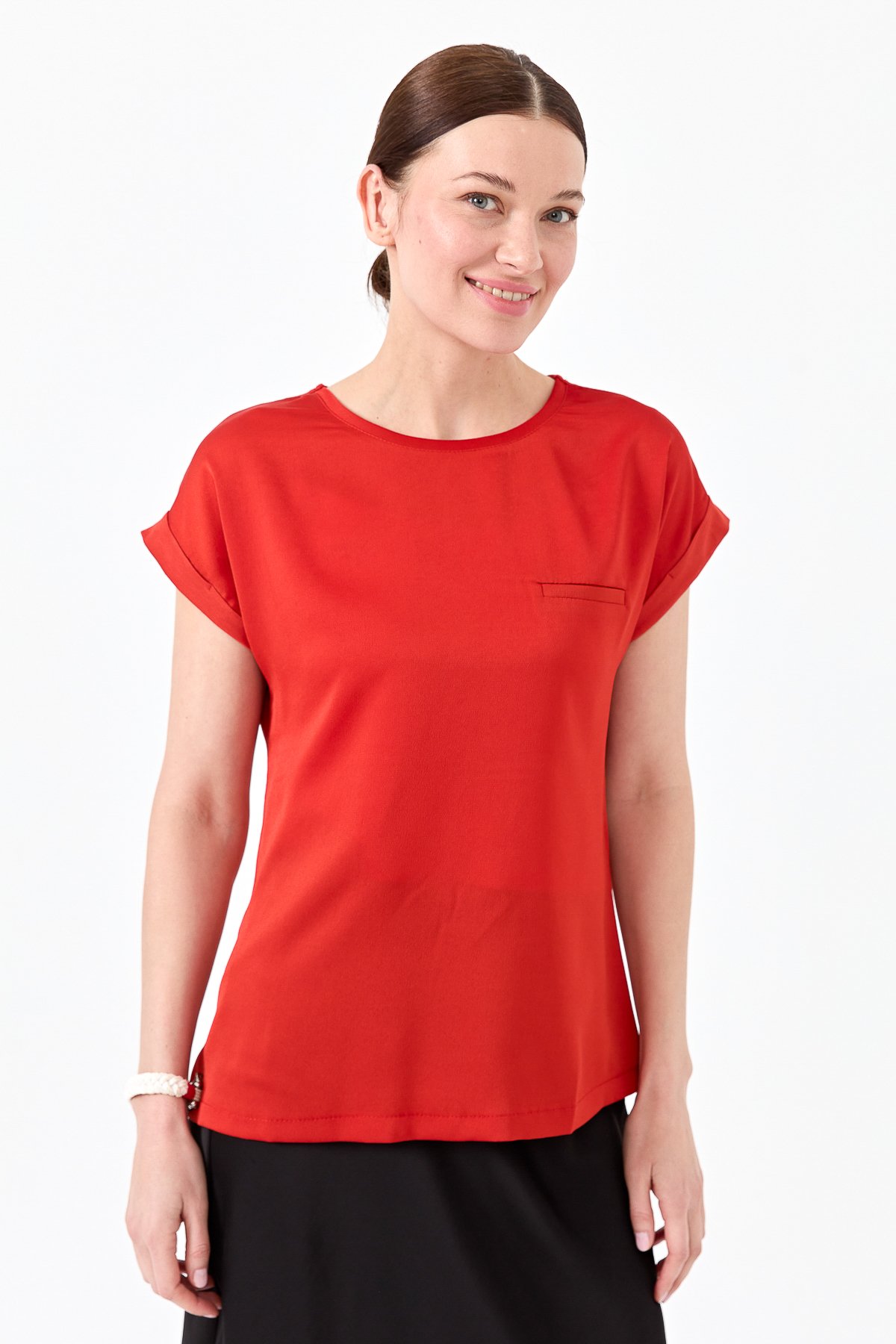 22707Kadın Kısa Kol Önü Saten Bluz Oranj