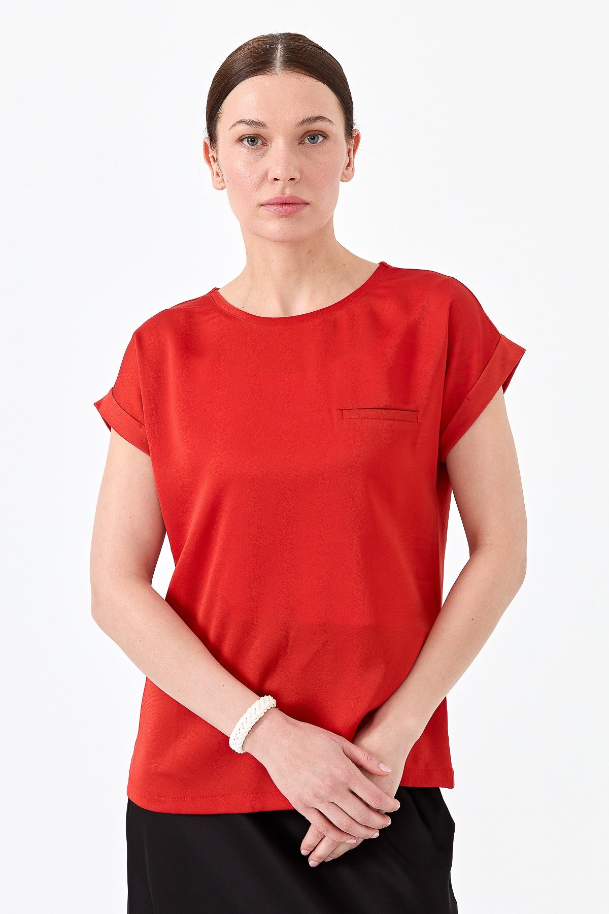 22707Kadın Kısa Kol Önü Saten Bluz Oranj