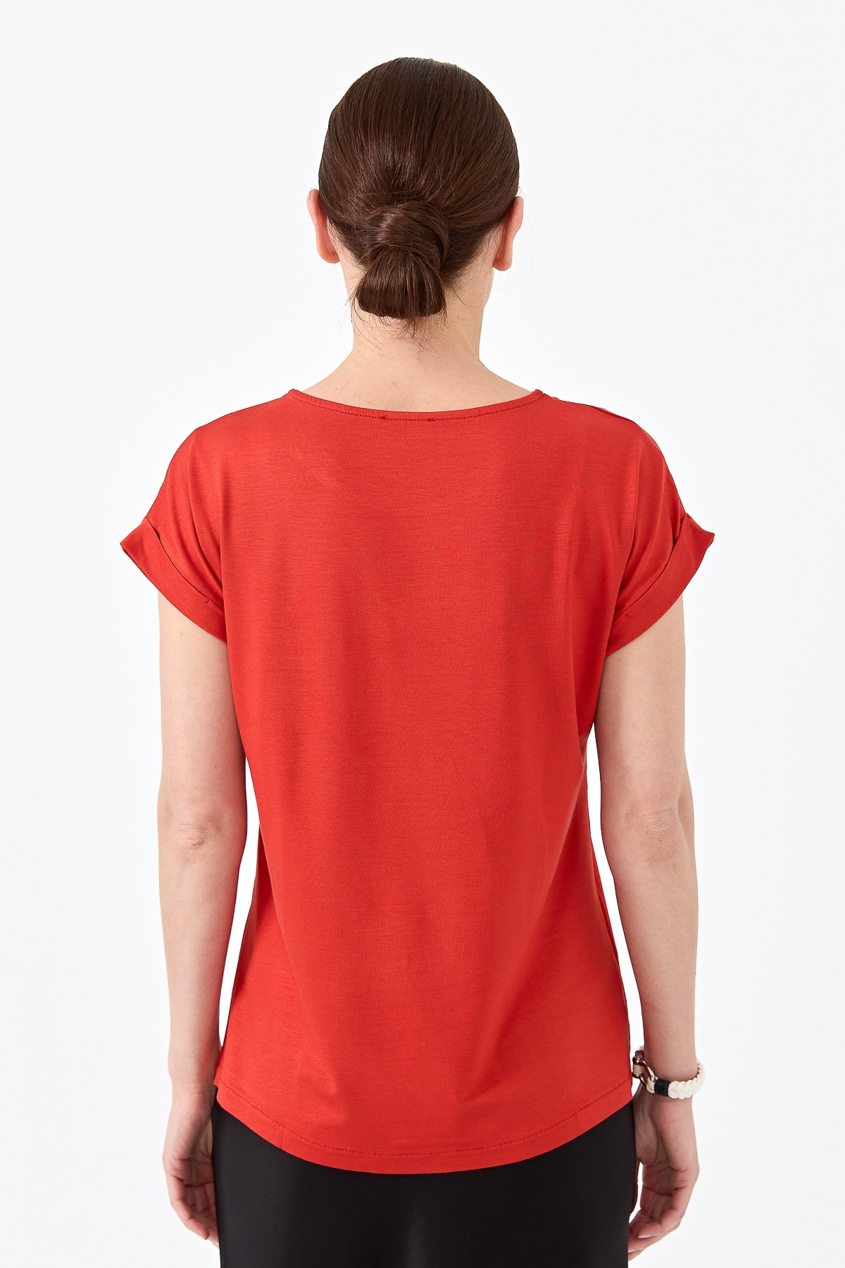 22707Kadın Kısa Kol Önü Saten Bluz Oranj