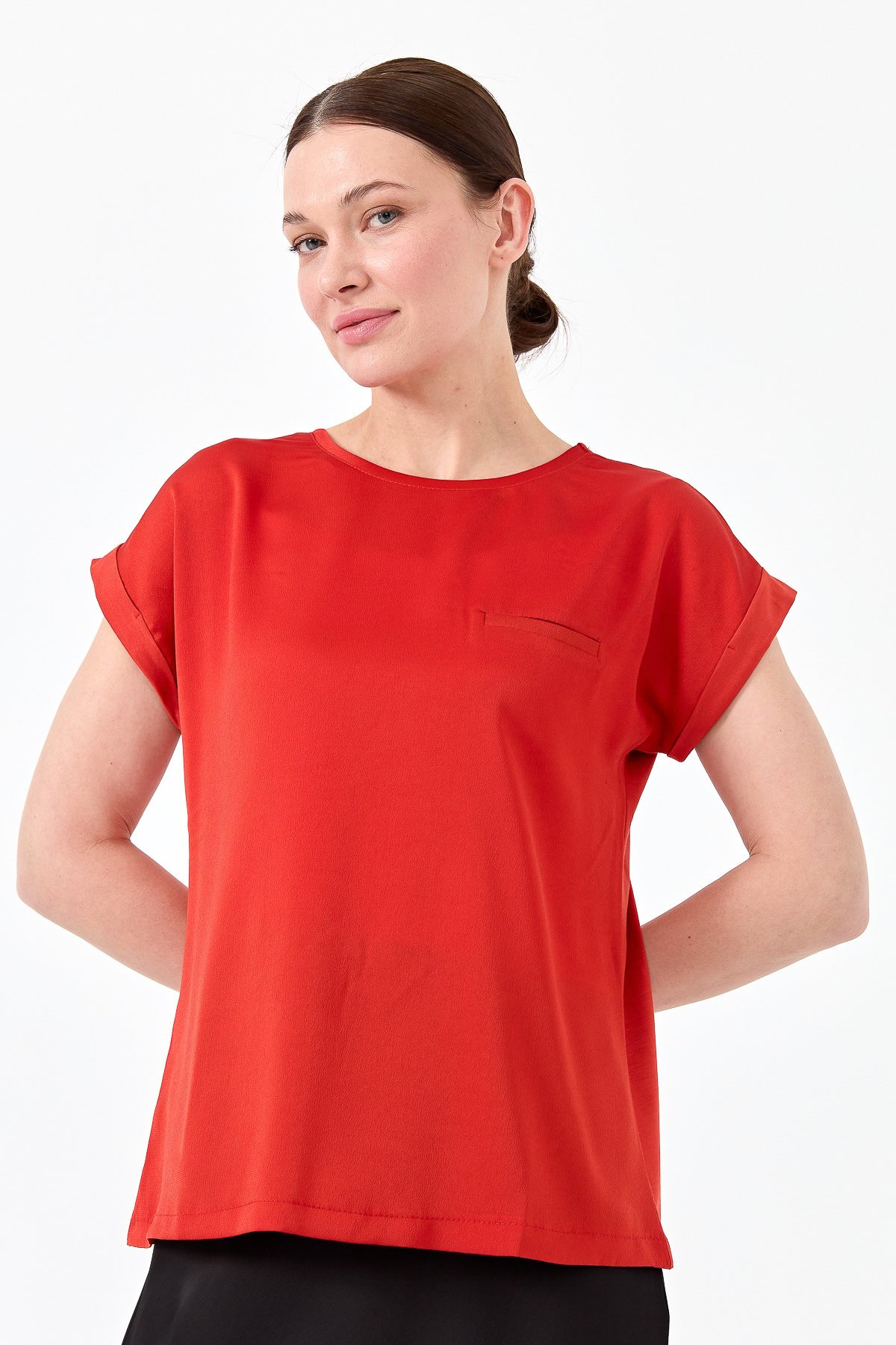 22707Kadın Kısa Kol Önü Saten Bluz Oranj