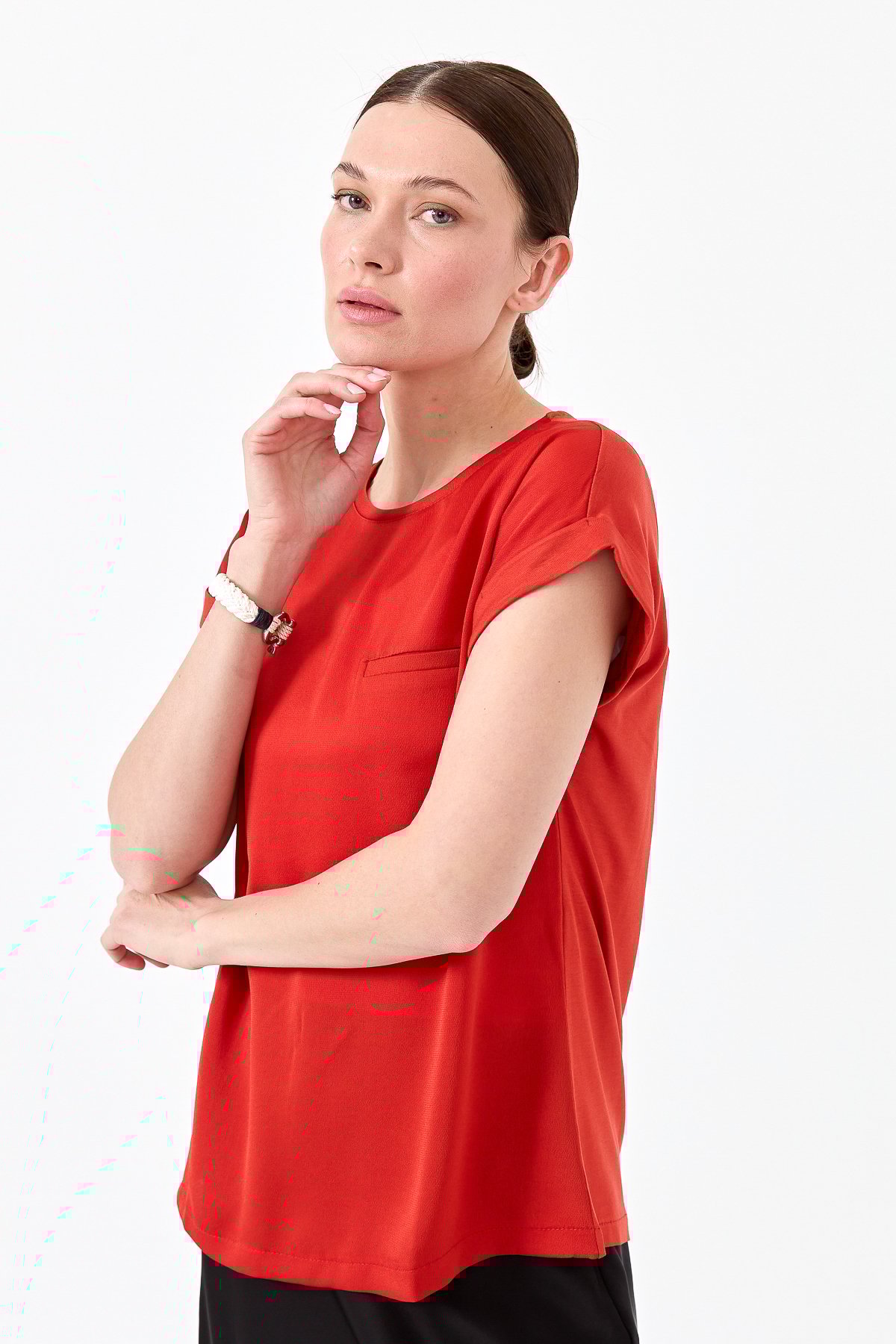 22707Kadın Kısa Kol Önü Saten Bluz Oranj